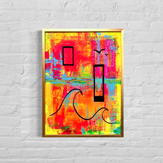 Neon Ocean on Canvas 16.8"x20.8" (gold frame included)